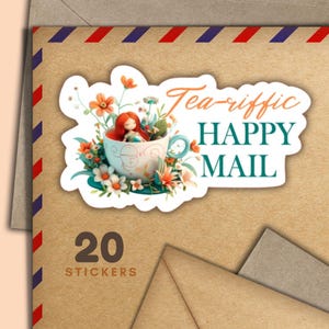 Adesivi "Ragazza nella tazza da tè", set di 20 fiocchi di adesivi "Happy Mail", graziosi articoli per amici di penna per etichette di posta ordinaria per decorare buste