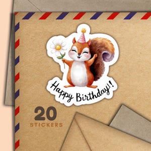 Adesivi di compleanno a forma di scoiattolo, set di 20 fiocchi di adesivi per posta felice, graziosi articoli per amici di penna per etichette di posta ordinaria per decorare buste