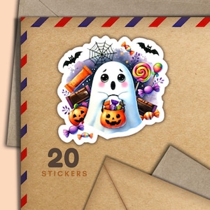Adesivi Candy Ghosts, set di 20 fiocchi di adesivi di posta felice, forniture spettrali per amici di penna per etichette di posta ordinaria per decorare buste