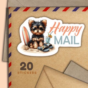 Little Dog on Beach stickers, Set of 20 happy mail sticker flakes, Cute penpal supplies for snailmail labels to decorate envelope & letters