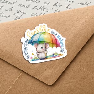 Rainbow Umbrella Mouse stickers, Set of 20 happy mail sticker flakes, Cute penpal supplies for snail mail labels to decorate envelopes