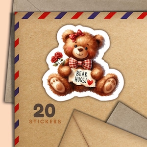 Adesivi Bear Hugs, set di 20 fiocchi adesivi di posta felice, graziosi articoli per amici di penna per etichette di posta ordinaria per decorare buste