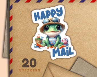 Beach Frog Happy Mail stickers, Set of 20 happy mail sticker flakes, Cute penpal supplies for snail mail labels to decorate envelopes