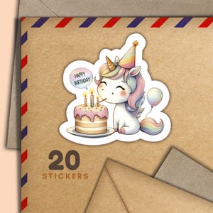 Adesivi di compleanno unicorno, set di 20 fiocchi di adesivi di posta felice, forniture per amici di penna di compleanno per etichette di posta ordinaria per decorare buste