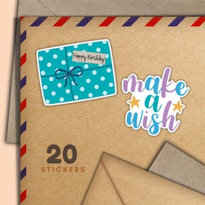 Adesivi per feste di compleanno, set di 20 adesivi a forma di fiocchi di posta allegra, graziosi articoli per amici di penna per etichette di posta ordinaria per decorare buste