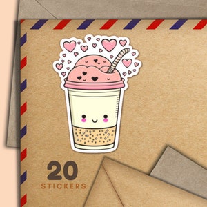 Adesivi Pink Latte, set di 20 fiocchi di adesivi Happy Mail, forniture Kawaii Penpal per etichette di posta ordinaria per decorare buste