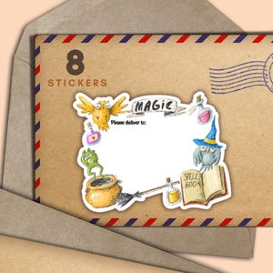 Doodle Magic PDT's set van 8 stickers, envelop met blije post, bezorg op labels, benodigdheden voor penvrienden, blanco etiketten voor adres
