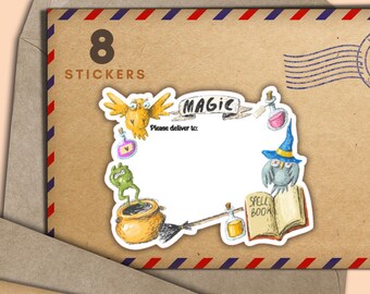 May include: A set of 8 stickers featuring a whimsical illustration of a witch's cauldron, a broom, an owl, a frog, and a spell book. The stickers are arranged in a circle around the words "MAGIC" and "Please deliver to:".
