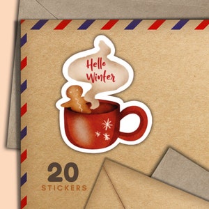 Adesivi con omino di pan di zenzero in tazza, set di 20 fiocchi di adesivi per posta felice, forniture invernali per amici di penna per etichette di posta ordinaria per decorare buste