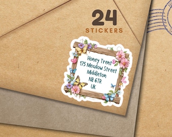 Etichette per indirizzi con cornice a farfalla, set di 24 adesivi personalizzati, etichette per indirizzi di ritorno Happy Mail per buste, forniture per corrispondenza postale