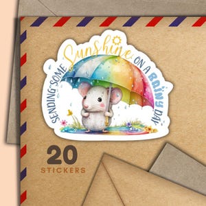 Stickers souris parapluie arc-en-ciel, lot de 20 flocons d'autocollants joyeux courrier, jolies fournitures de correspondance pour étiquettes de courrier escargot pour décorer les enveloppes