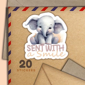 Adesivi con elefante inviato con un sorriso, set di 20 fiocchi di adesivi per posta felice, graziosi articoli per amici di penna per etichette di posta ordinaria per decorare buste
