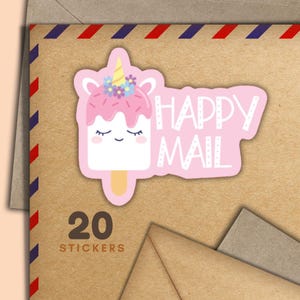 Adesivi kawaii a forma di unicorno, set di 20 adesivi a forma di fiocchi di posta allegra, graziosi articoli per amici di penna, etichette per posta ordinaria per decorare buste