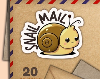 May include: A set of 20 snail mail stickers featuring a cartoon snail with a shell and the text "snail mail".