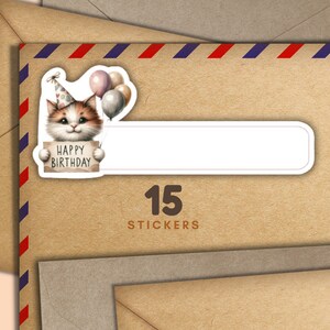 Set di 15 adesivi lunghi Bday Animals, fiocchi di adesivi per buste di posta felice, forniture per amici di penna per posta ordinaria, piccoli adesivi per decorare lettere