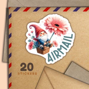 Gnome Flower Basket stickers, Set of 20 happy mail sticker flakes, Cute penpal supplies for snailmail labels to decorate envelopes & letters