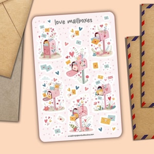 Foglio di adesivi Love Mailboxes, decorazione di buste di posta felici, forniture per amici di penna per posta ordinaria, graziose etichette per pianificatori, diari, calendari, album