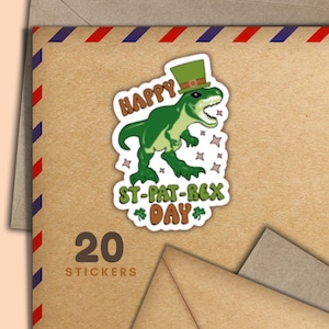 Adesivi TRex Happy St Patricks, set di 20 fiocchi adesivi Happy Mail, graziosi articoli per amici di penna per etichette di posta ordinaria per decorare buste