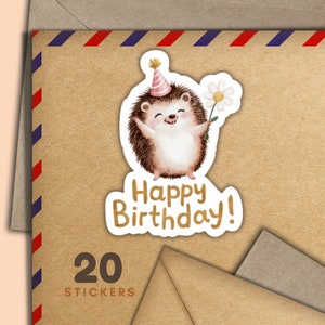 20er Geburtstag Igel Aufkleber, Set mit 20 Happy Mail Aufklebern, süßes Zubehör für Briefumschläge