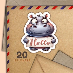Adesivi con ippopotamo e cartello, set di 20 fiocchi di adesivi per posta allegra, graziosi articoli per amici di penna per etichette di posta ordinaria per decorare buste