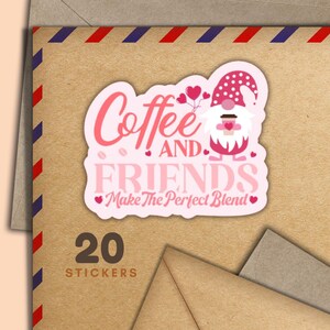 Adesivi Coffee Gnome & Friends, set di 20 fiocchi adesivi di posta allegra, graziosi articoli per amici di penna per etichette di posta ordinaria per decorare buste