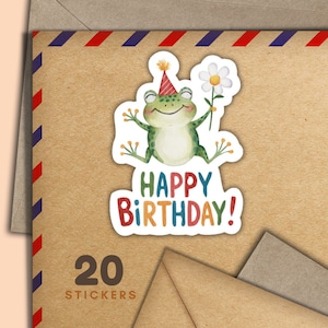 Verjaardagsstickers kikker, set van 20 stickervlokken blije post, leuke penvriendbenodigdheden voor postetiketten om enveloppen te versieren