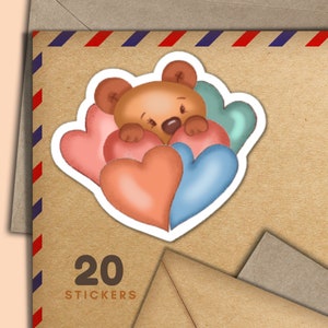 Adesivi a forma di orso a forma di cuore, set di 20 fiocchi di adesivi per posta allegra, graziosi articoli per amici di penna per etichette di posta ordinaria per decorare buste