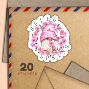 Stickers roses gnome printanier, lot de 20 flocons d'autocollants de courrier joyeux, jolies fournitures de correspondance pour étiquettes de courrier escargot pour décorer les enveloppes