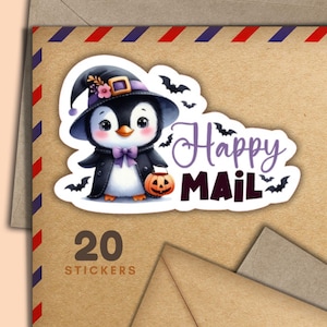Adesivi di Halloween Penguin, set di 20 fiocchi di adesivi di posta felice, forniture spettrali per amici di penna per etichette di posta ordinaria per decorare buste