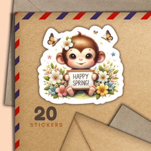Adesivi Spring Monkey, set di 20 fiocchi adesivi di posta felice, graziosi articoli per amici di penna per etichette di posta ordinaria per decorare buste