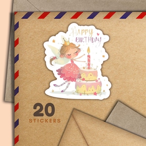 Adesivi per compleanno a forma di torta fata, set di 20 fiocchi di adesivi per posta felice, graziosi articoli per amici di penna per etichette di posta ordinaria per decorare buste