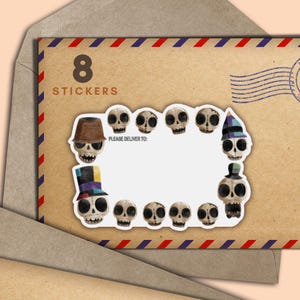 Set di 8 adesivi PDT con teschi, etichette per buste postali "Happy Mail Please Deliver", forniture per amici di penna per posta ordinaria, etichette vuote per indirizzi