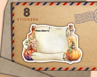 May include: A set of 8 stickers featuring a vintage scroll with a handwritten message that says "Please deliver to:"  The scroll is surrounded by two glass bottles with cork stoppers and a small pumpkin. The bottles and pumpkin are painted in watercolor style.