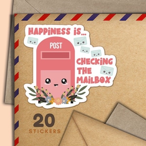 Happines is... stickers, set van 20 stickervlokken voor blije post, leuke penvriendenbenodigdheden voor postetiketten om enveloppen te versieren