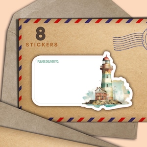 Set di 8 adesivi PDT Lighthouse, etichette per buste postali "Happy Mail Please Deliver", forniture per amici di penna per posta ordinaria, etichette vuote per indirizzi