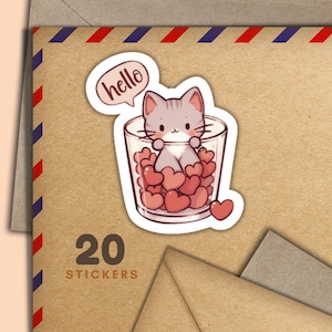 Autocollants Hello Cute Cat, lot de 20 flocons d'autocollants de courrier heureux, fournitures de correspondance mignonnes pour étiquettes de courrier escargot pour décorer les enveloppes