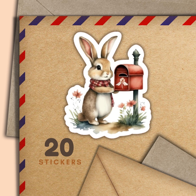 Rabbit and Mailbox Stickers, Set of 20 Happy Mail Sticker Flakes, Bunny ...