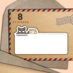 Set di 8 adesivi Cat Line PDT, etichette per buste postali "Happy Mail Please Deliver", forniture per amici di penna per posta ordinaria, etichette vuote per indirizzi