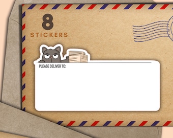 Cat Line PDTs set of 8 stickers, happy mail envelope please deliver to labels, snail mail penpal supplies, blank labels for address