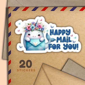 Adesivi Narwhal Mail, set di 20 fiocchi di adesivi Happy Mail, graziosi articoli per amici di penna per etichette di posta ordinaria per decorare buste