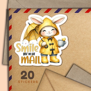 Adesivi con sorriso di coniglietto impermeabile, set di 20 fiocchi di adesivi di posta felice, graziosi articoli per amici di penna per etichette di posta ordinaria per decorare buste