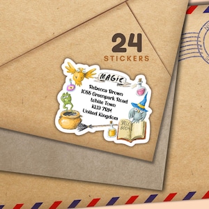 May include: A sticker sheet with 24 stickers featuring a whimsical illustration of a witch's cauldron, a frog, an owl, a potion bottle, and a book with the words "SPELL BOOK" on the cover. The text "MAGIC" is written in a banner above the illustration. The text "Rebecca Brown, 1055 Greenpark Road, White Town, KL19 7RM, United Kingdom" is written below the illustration.