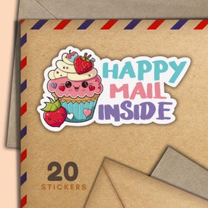 Set di 20 adesivi Cupcake alla fragola, fiocchi di adesivi per buste postali felici, forniture per amici di penna per posta ordinaria, etichetta per decorare lettere
