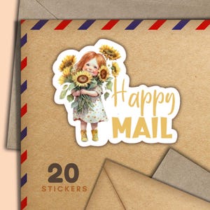Adesivi Sunflower Girl, set di 20 fiocchi adesivi Happy Mail, graziosi articoli per amici di penna per etichette di posta ordinaria per decorare buste