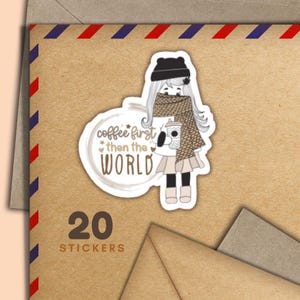 Adesivi Coffee Girls, set di 20 fiocchi di adesivi Happy Mail, graziosi articoli per amici di penna per etichette di posta ordinaria per decorare buste