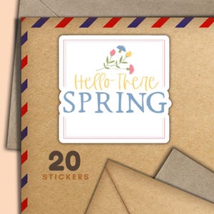 Adesivi quadrati Hello Spring, set di 20 fiocchi di adesivi Happy Mail, graziosi articoli per amici di penna per etichette di posta ordinaria per decorare buste