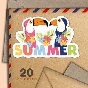 Toucan Summer - set di 20 adesivi, fiocchi di adesivi per buste postali allegre, forniture per amici di penna per posta ordinaria, etichetta adesiva per decorare lettere