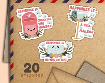 Happines is... stickers, Set of 20 happy mail sticker flakes, Cute penpal supplies for snail mail labels to decorate envelopes