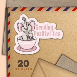 Adesivi Elephant Tea, set di 20 fiocchi adesivi Happy Mail, graziosi articoli per amici di penna per etichette di posta ordinaria per decorare buste