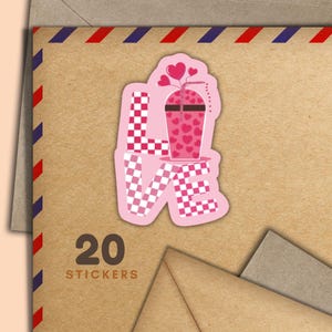 Adesivi Love Coffee Pink, set di 20 fiocchi adesivi Happy Mail, graziosi articoli per amici di penna per etichette di posta ordinaria per decorare buste